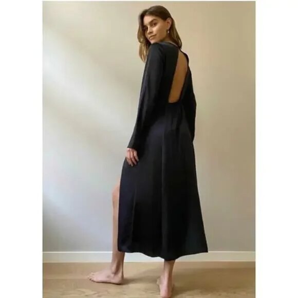 Aritzia Wilfred Evora Backless Long Sleeve Satin Dress Slit Black Size 6 - Picture 2 of 9